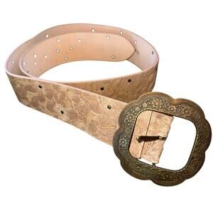 Garuglieri Italy Leather & Calf Hair 2" Wide Belt Tan Floral Embossed Medium